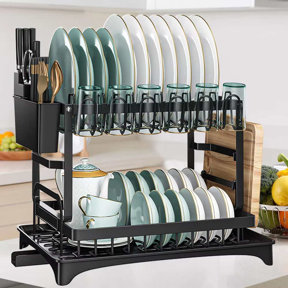 2 Tier Dish Drying Rack Dish Drainer Drying Rack with Drainer and Kitchen Countertop Utensil Holder Dish Drainer for Dish&Cup