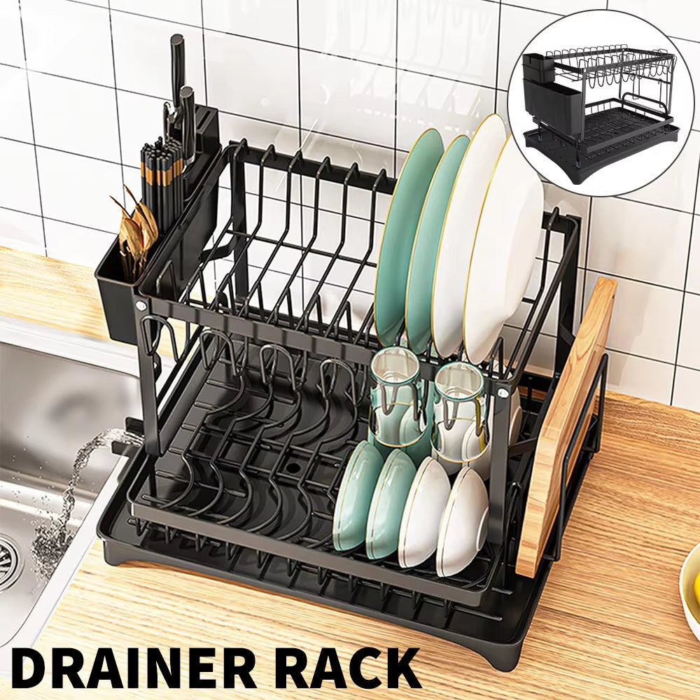 2 Tier Dish Drying Rack Dish Drainer Drying Rack with Drainer and Kitchen Countertop Utensil Holder Dish Drainer for Dish&Cup
