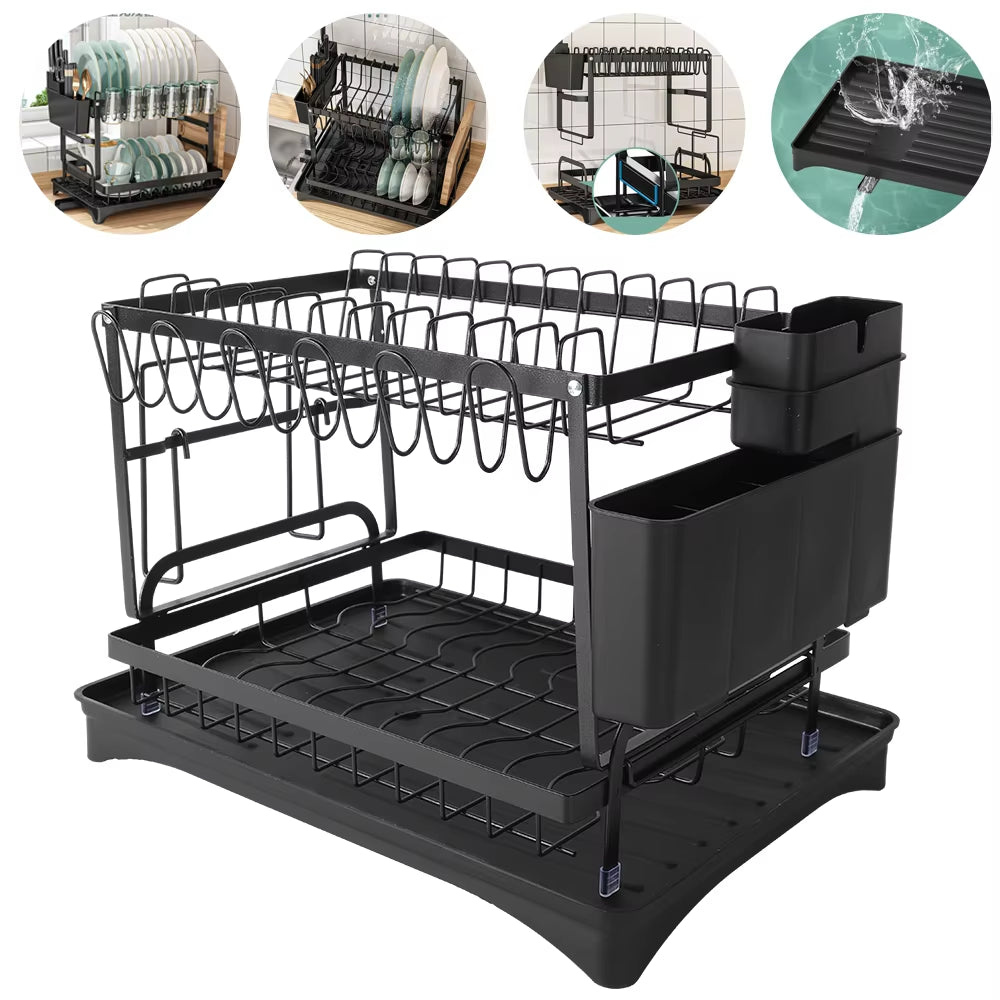 2 Tier Dish Drying Rack Dish Drainer Drying Rack with Drainer and Kitchen Countertop Utensil Holder Dish Drainer for Dish&Cup