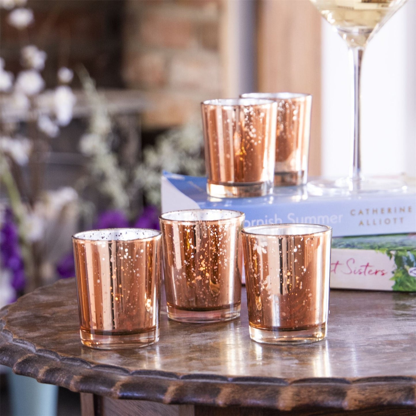Speckled Tea Light Holders Set of 12 Rose Gold Stylish Glass Candle Holders| M&W