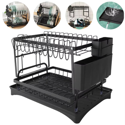 2 Tier Dish Drying Rack Dish Drainer Drying Rack with Drainer and Kitchen Countertop Utensil Holder Dish Drainer for Dish&Cup